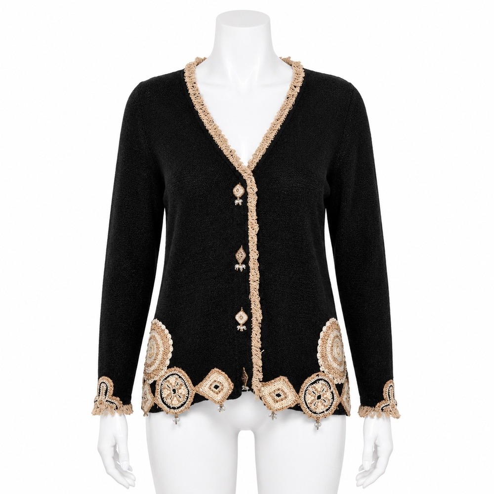 That Sweater Cardigan Womens M Black Tan Crochet Boho Elephant Charm Art to Wear
